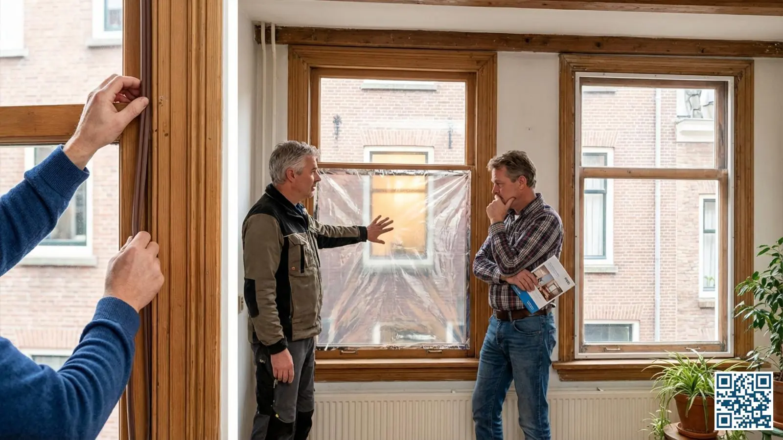 Overzicht van drie alternatieven voor glasvervanging in een Nederlands huis met tochtstrips, raamfolie en voorzetraam naast elkaar