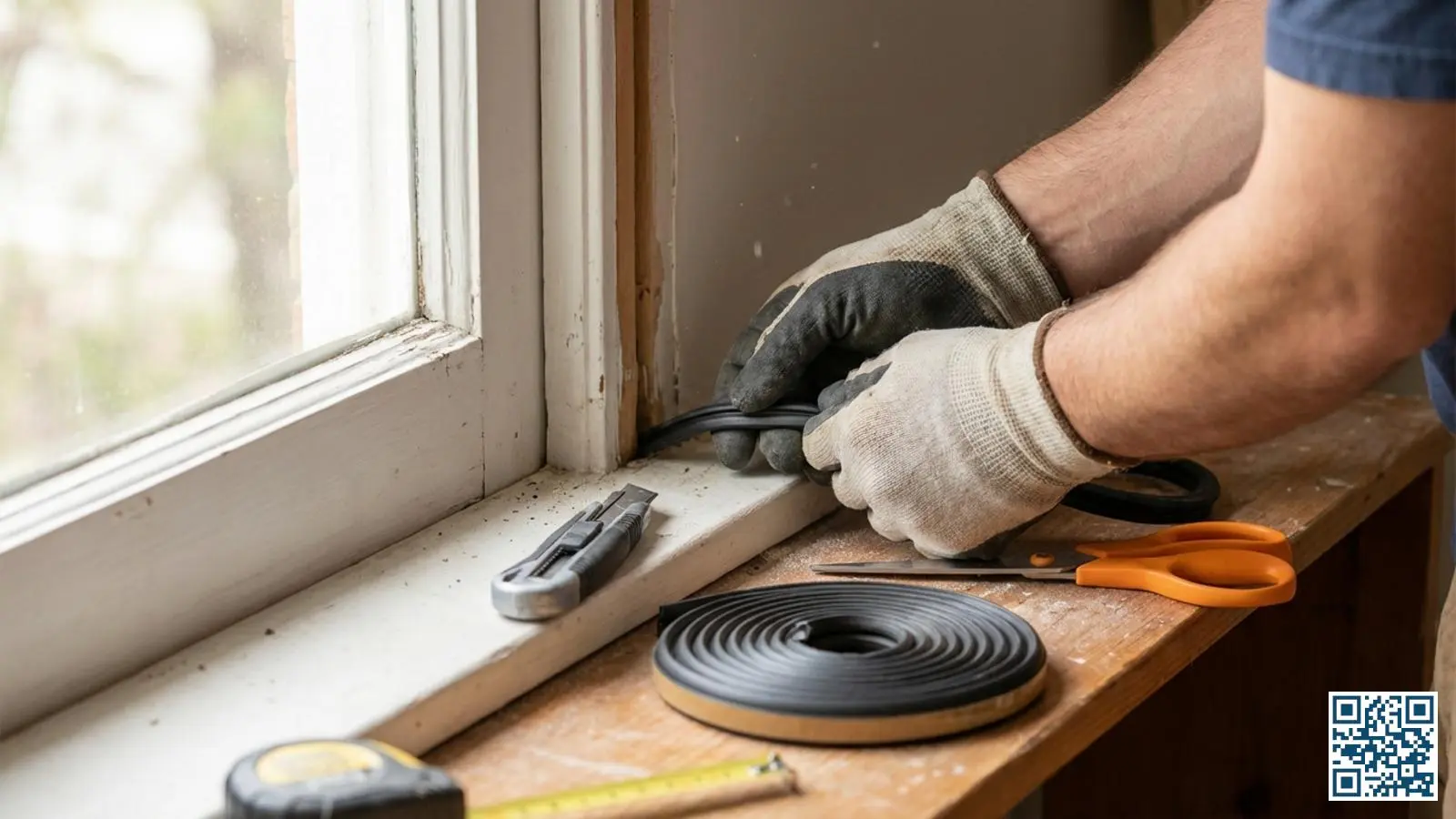 Close-up van handen die een EPDM tochtstrip aanbrengen op een houten raamkozijn in een Nederlandse woning