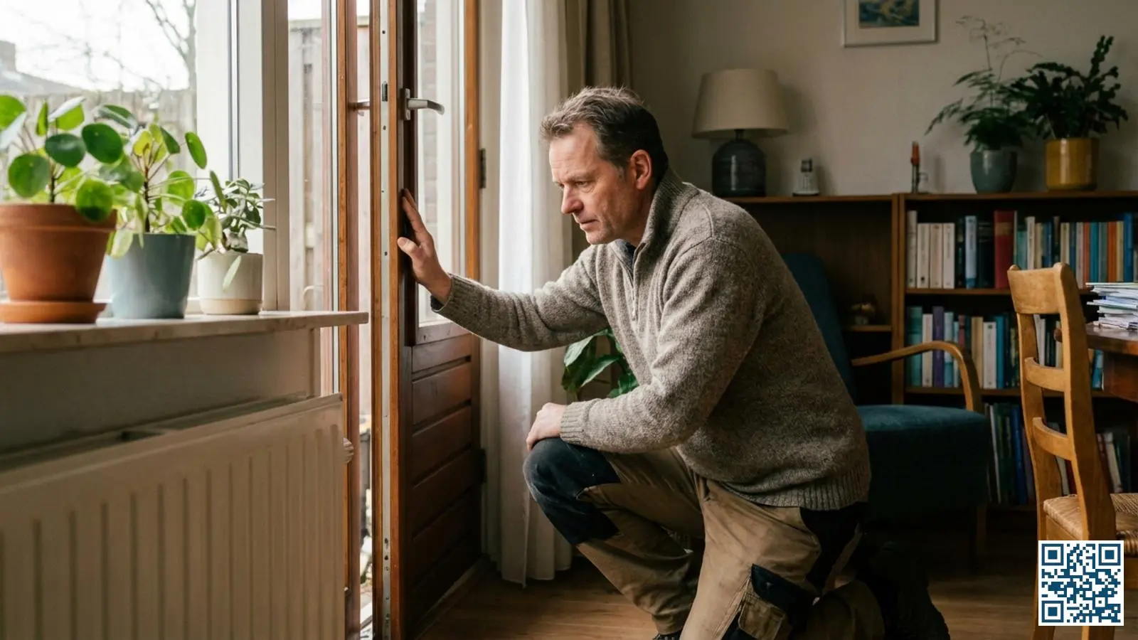 Huiseigenaar controleert met de hand of er tocht door de kieren van het raamkozijn komt