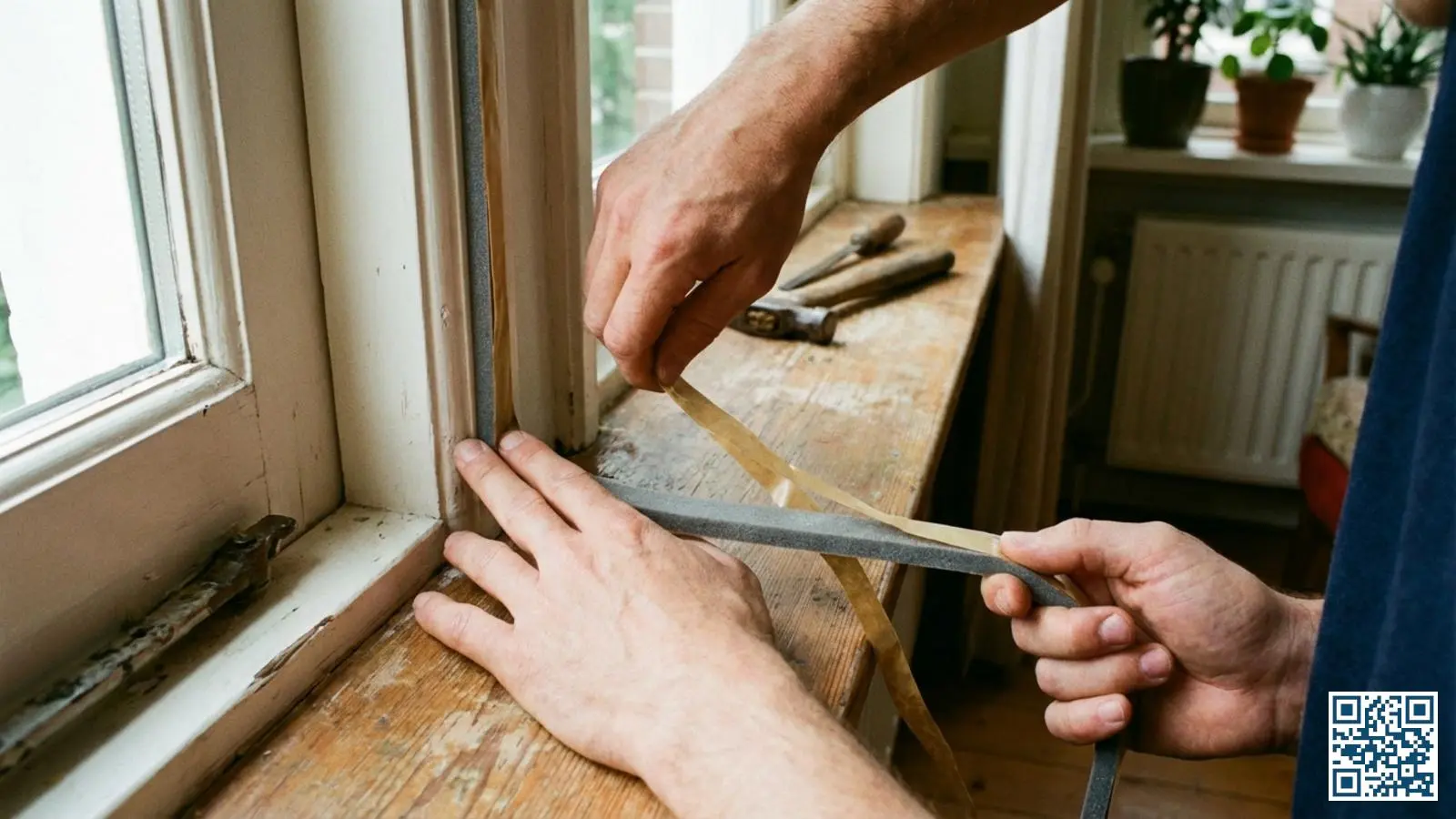 Handen die een zelfklevende tochtstrip aanbrengen op een wit houten raamkozijn in een Nederlandse woning