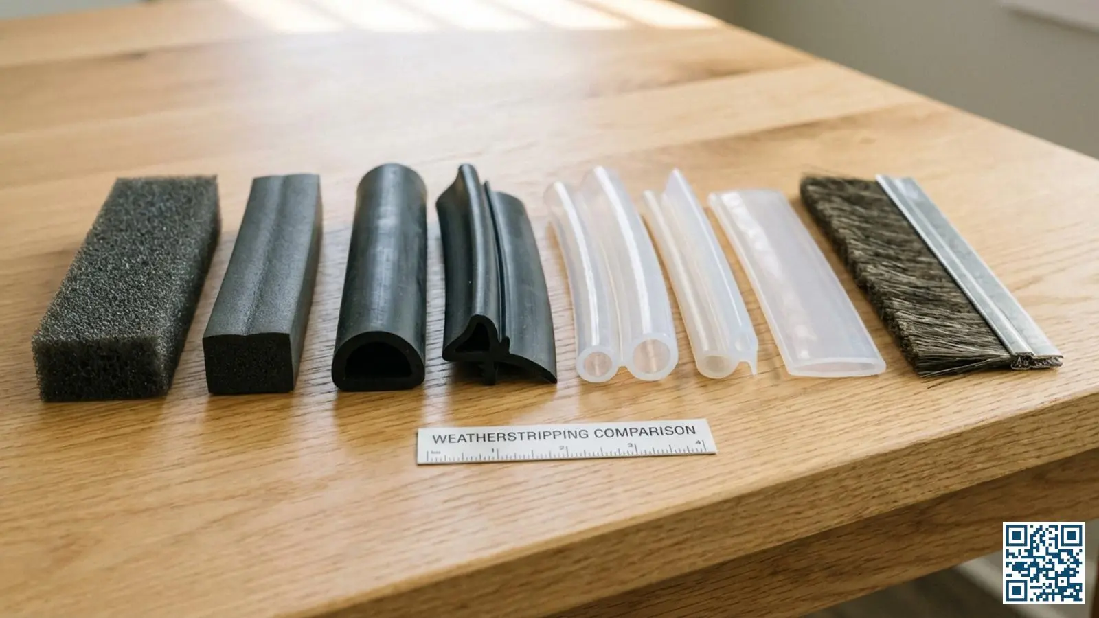 Verschillende soorten tochtstrips naast elkaar op een houten oppervlak: schuimband, EPDM rubber, siliconen en borstelstrip