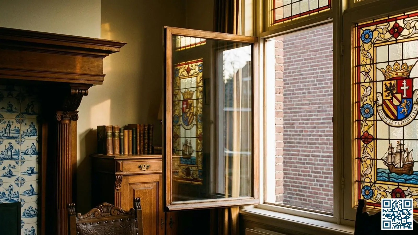 Monumentale woning met glas-in-lood raam en zichtbaar voorzetraam aan de binnenzijde voor extra isolatie