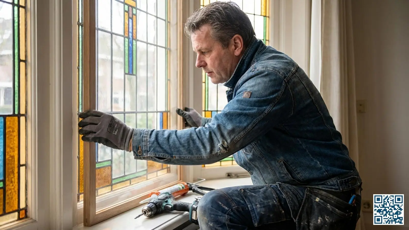 Monteur plaatst zorgvuldig een voorzetraam aan de binnenzijde van een glas-in-lood raam in een monumentale woning