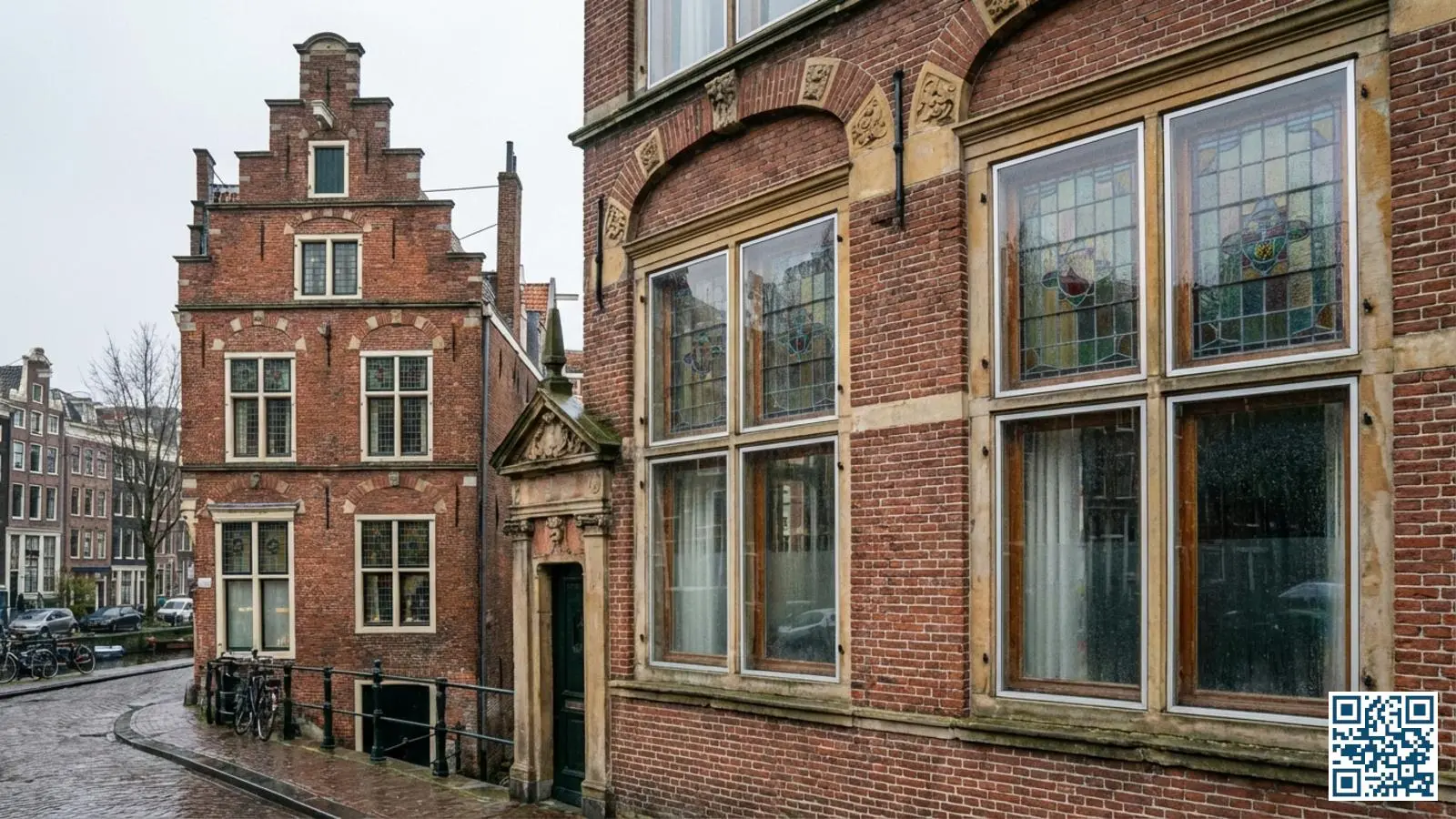 Monumentale grachtenpand gevel met meerdere glas-in-lood ramen voorzien van voorzetramen voor isolatie