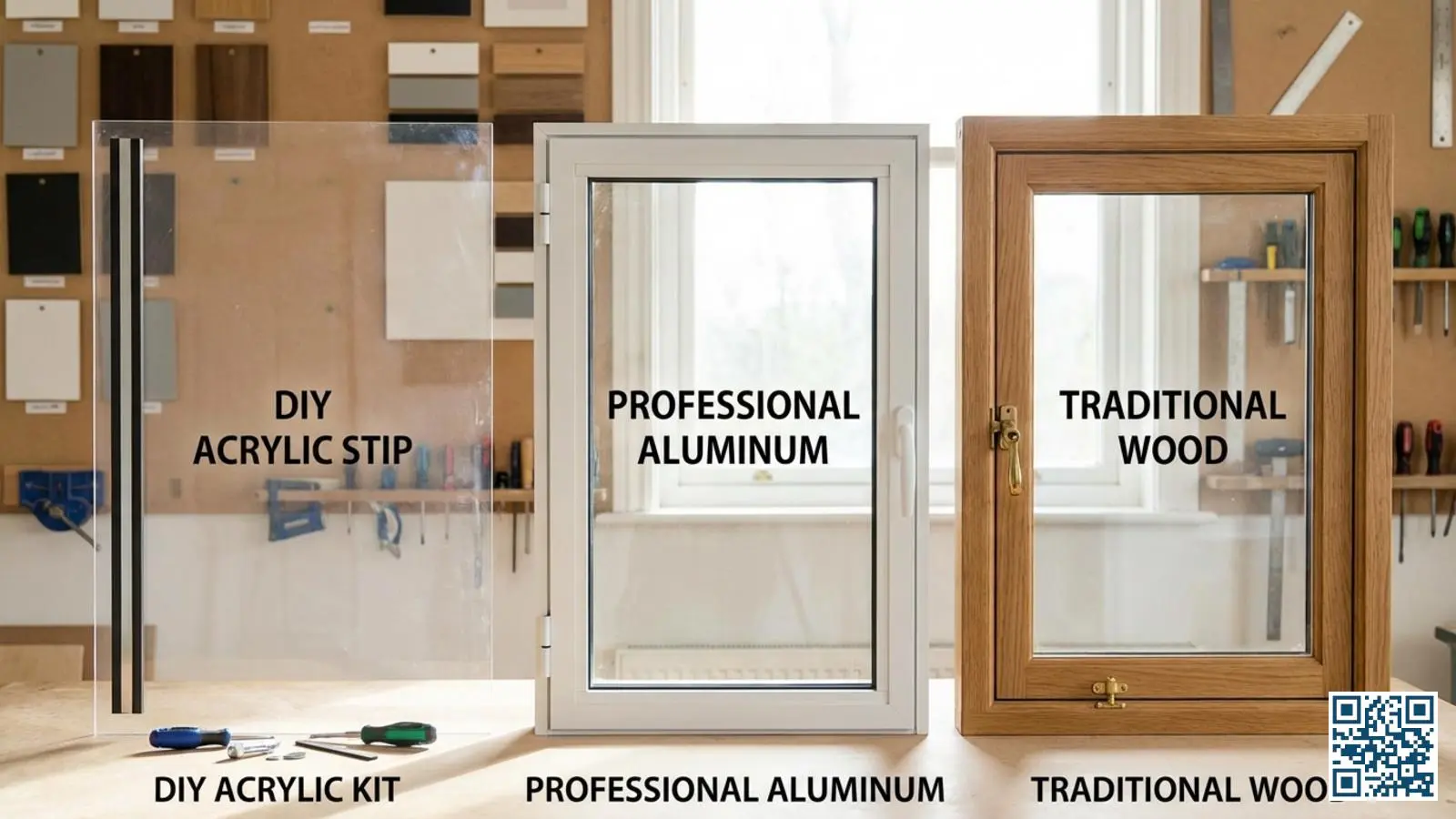 Verschillende soorten voorzetramen naast elkaar van plexiglas tot professionele uitvoeringen met aluminium en houten frames