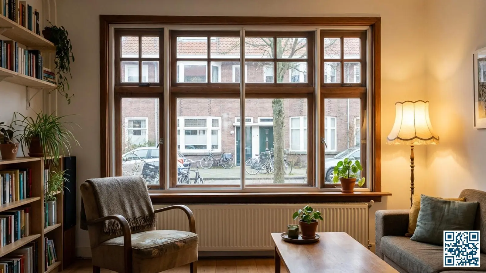 Woonkamer met voorzetraam aan de binnenzijde van het raam geplaatst voor extra isolatie