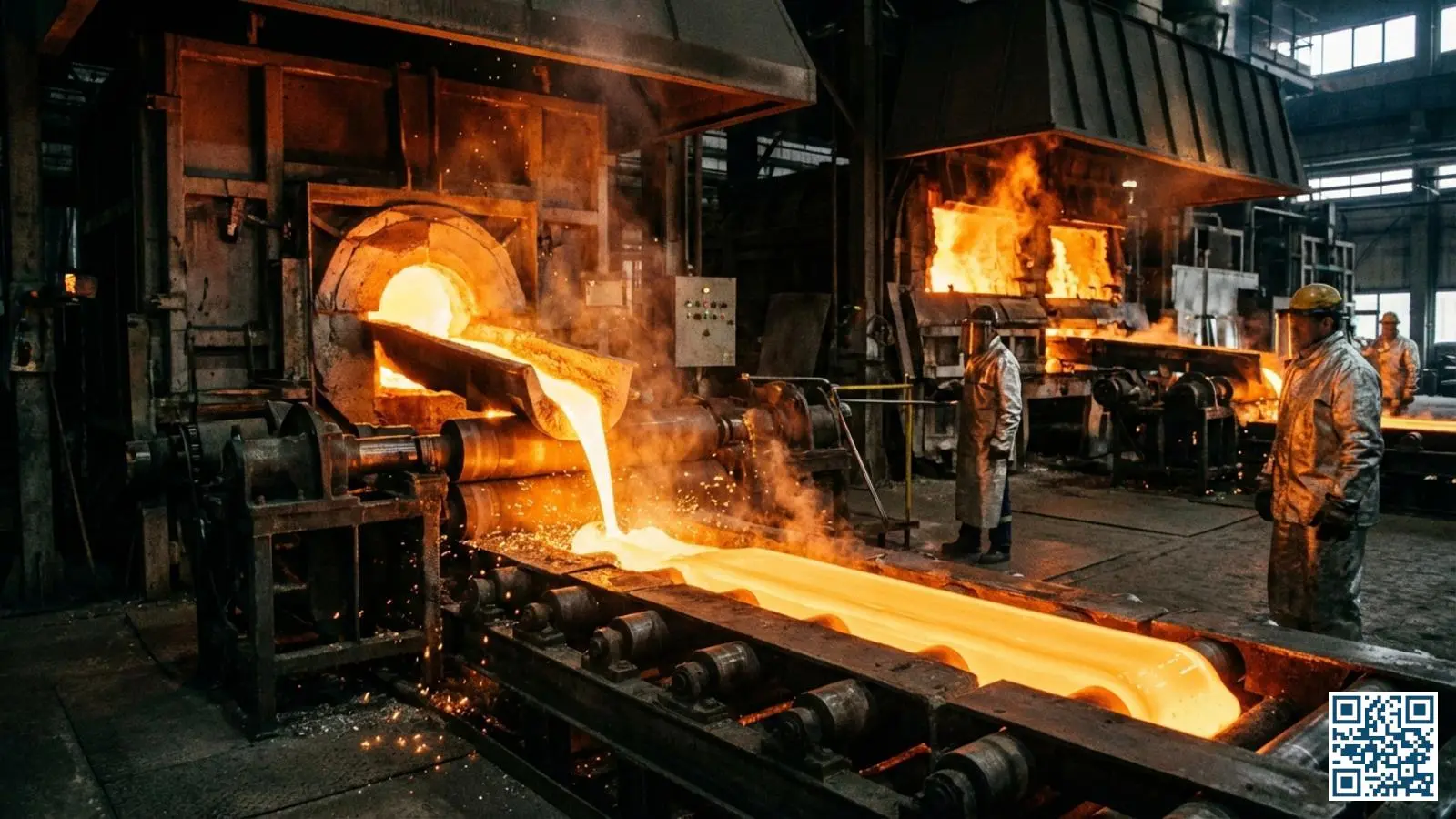 Industriële glasproductie met gloeiend gesmolten glas in een moderne verwerkingsfabriek