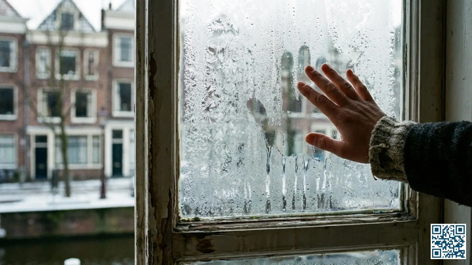 Enkelglas raam met ijsbloemen en condens aan de binnenkant als teken van slechte isolatie
