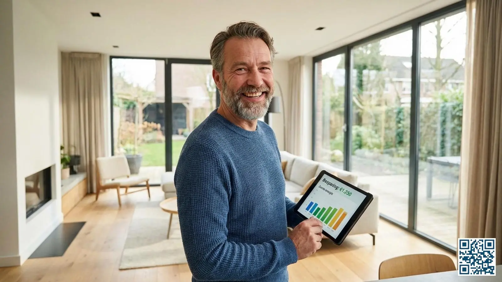 Tevreden huiseigenaar met tablet die de resultaten van de glasherkenner bekijkt in een lichte woonkamer