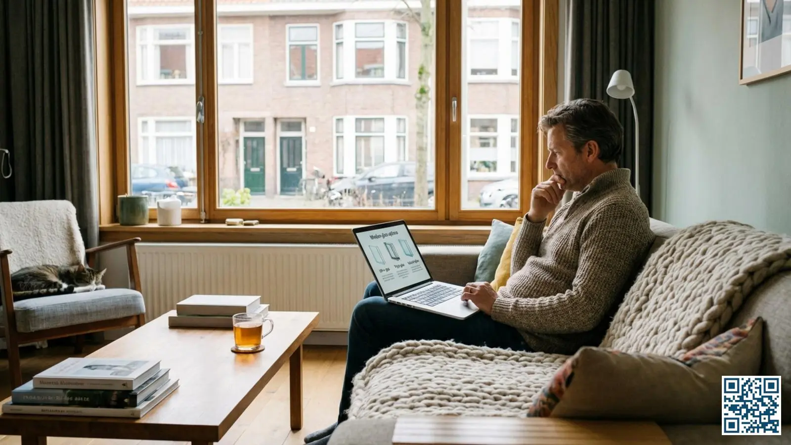 Woningeigenaar bekijkt informatie over HR-glastypen op een laptop in de woonkamer
