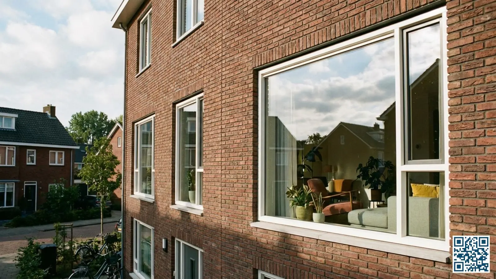 Moderne Nederlandse rijtjeswoning met nieuw geplaatst HR-glas dat warm interieur toont en Nederlandse lucht weerspiegelt