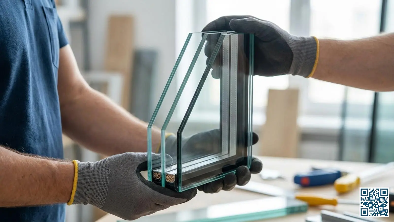 Doorsnede van een isolatieglasunit met zichtbare glasplaten, spacer en randafdichting vastgehouden door een installateur