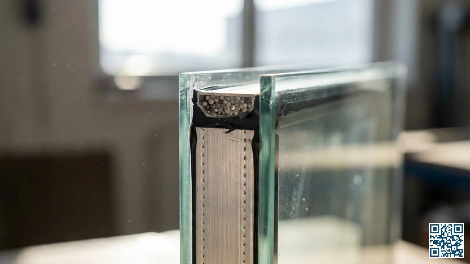 Close-up van de spacer bar en randafdichting in een isolatieglasunit met zichtbare spouw tussen de glasplaten