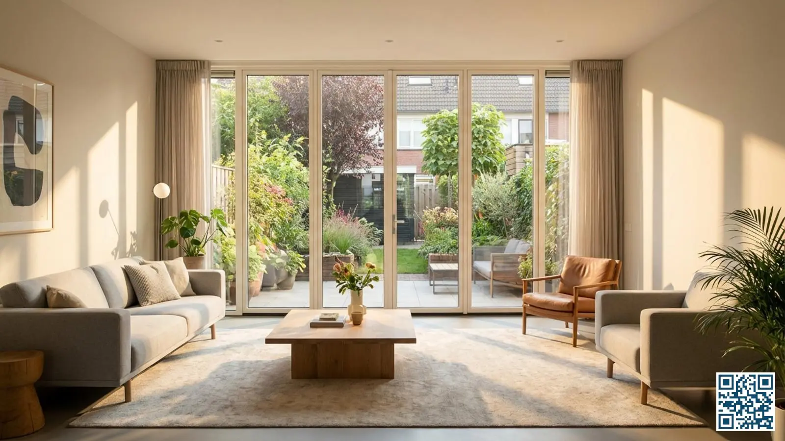 Moderne Nederlandse woonkamer met grote isolatieglas ramen en helder uitzicht op een groene tuin in daglicht