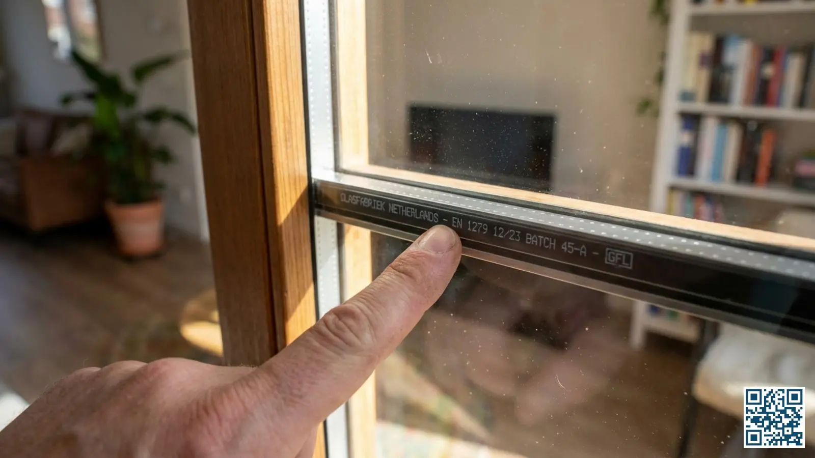 Close-up van een meldcode op de spacer van een isolerende glasunit met zichtbare fabrikantcode en productiedatum