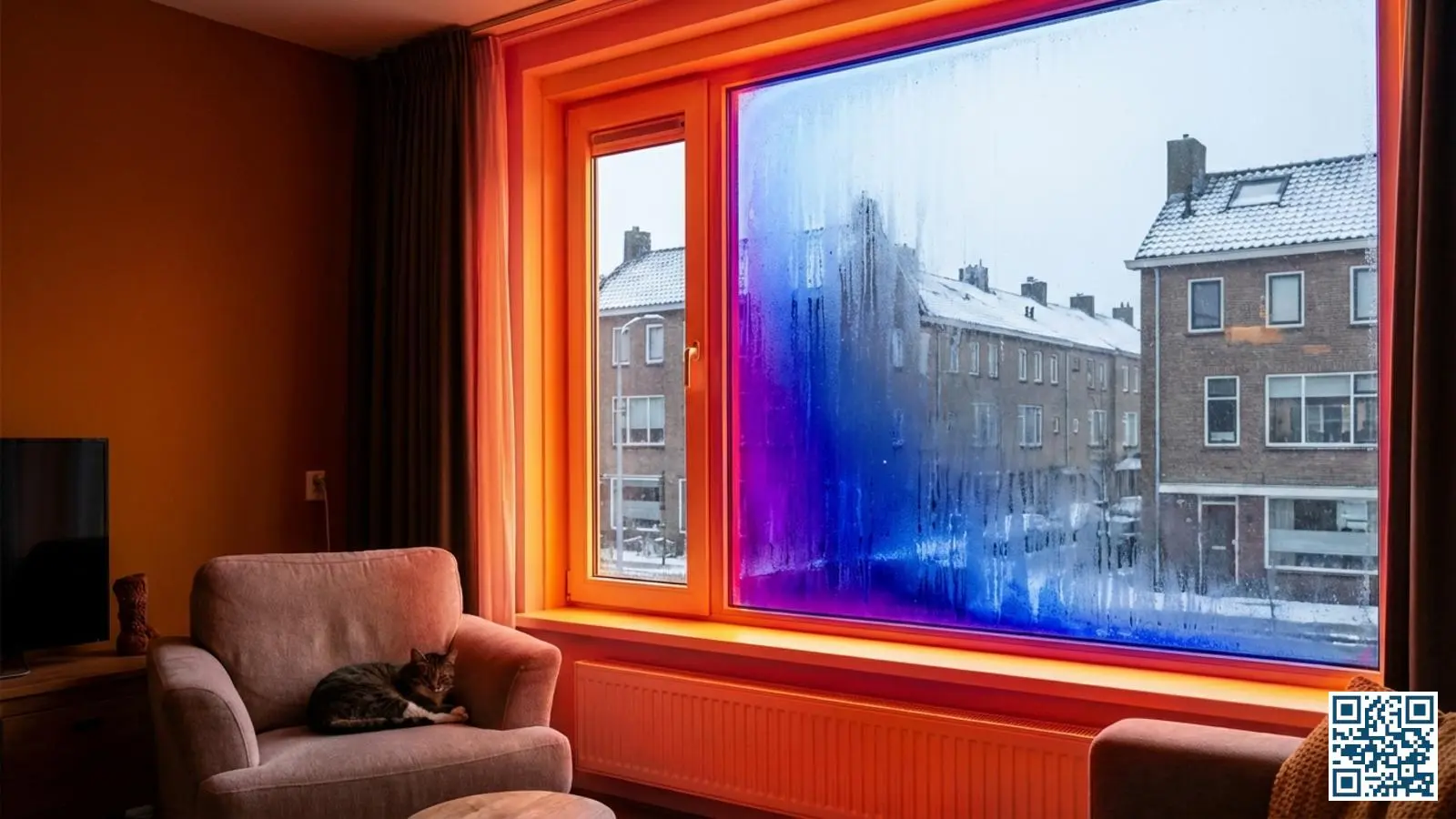 Raam in Nederlandse woonkamer met zichtbaar contrast tussen warme binnenkant en koude buitenkant in de winter