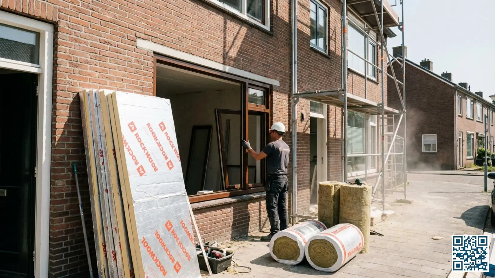 Nederlandse rijtjeswoning tijdens renovatie met gelijktijdige plaatsing van HR-glas en zichtbare isolatiematerialen