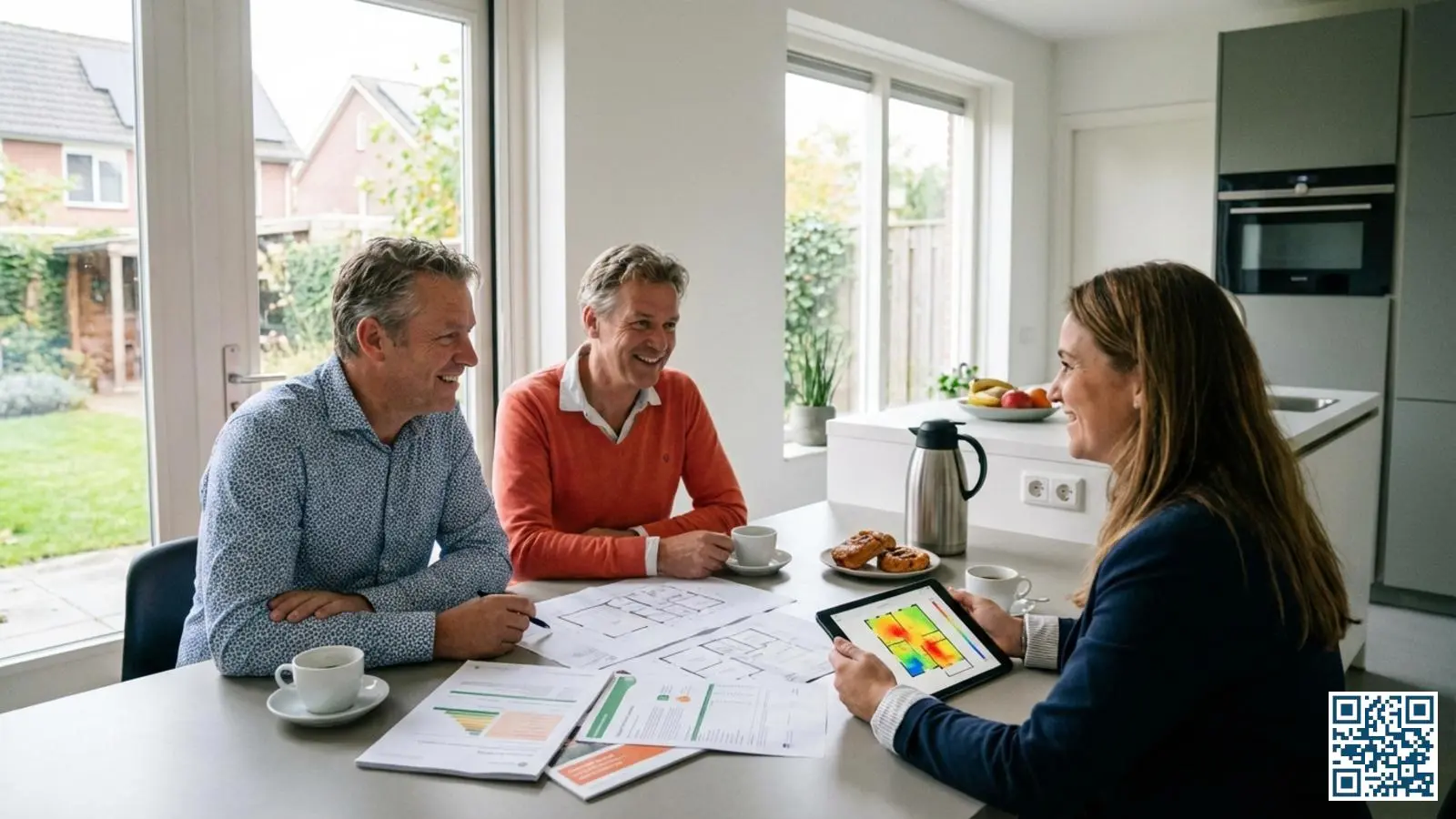 Nederlandse woningeigenaren bespreken isolatieplan met energieadviseur aan de keukentafel met documenten en tablet