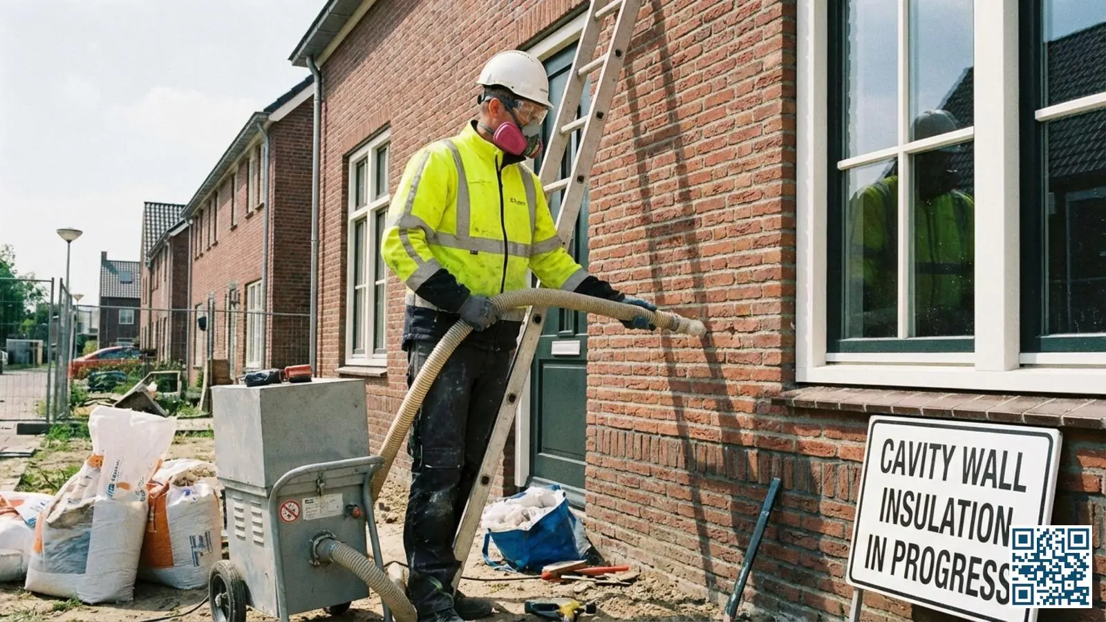 Isolatiemonteur blaast isolatiemateriaal in de spouwmuur van een Nederlandse woning via boorgaten