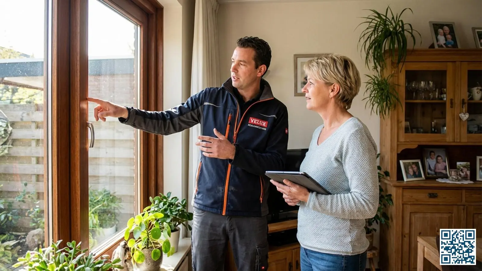 Glaszetter legt ventilatieoplossingen uit aan een huiseigenaar tijdens een adviesgesprek bij het raam