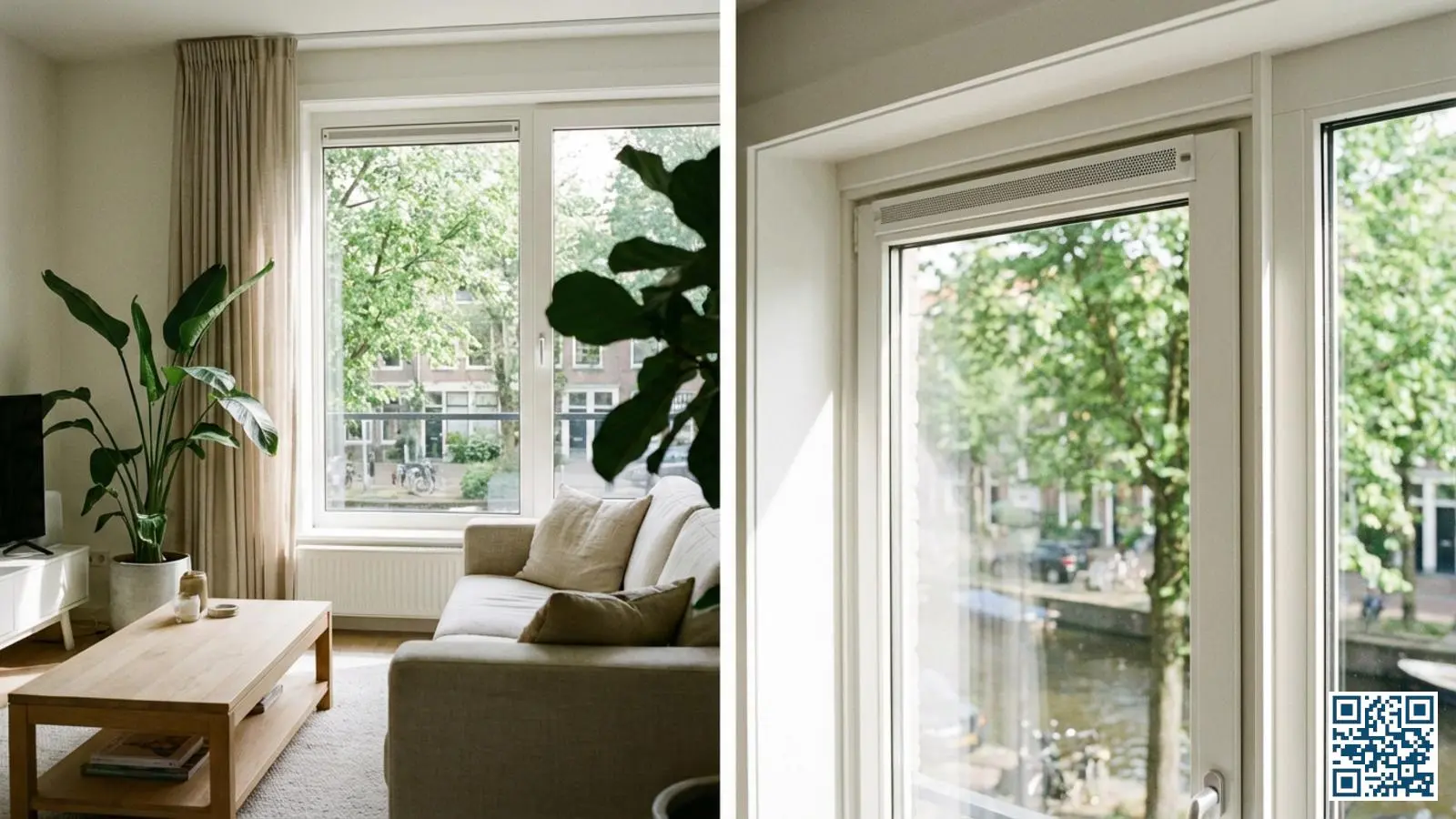 Woonkamerraam met HR-glas en geïntegreerd ventilatierooster aan de bovenzijde van de glasunit