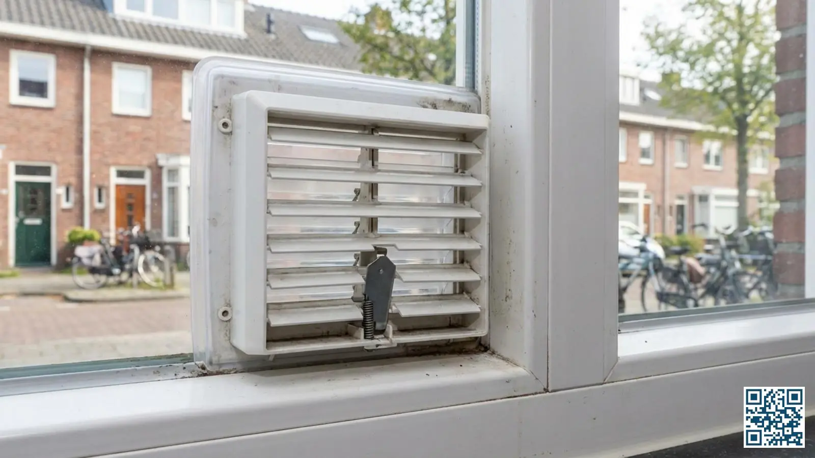 Close-up van een winddrukgeregeld ventilatierooster gemonteerd in een wit kunststof kozijn