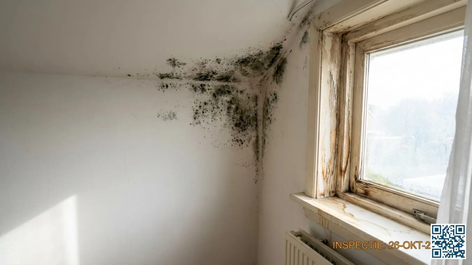 Schimmelvorming in een hoek van een kamer bij het raamkozijn veroorzaakt door vochtproblemen