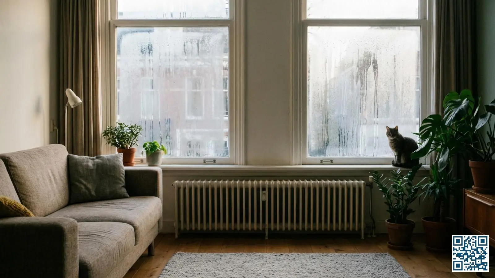 Woonkamer met beslagen ramen door condensvorming als gevolg van onvoldoende ventilatie in huis