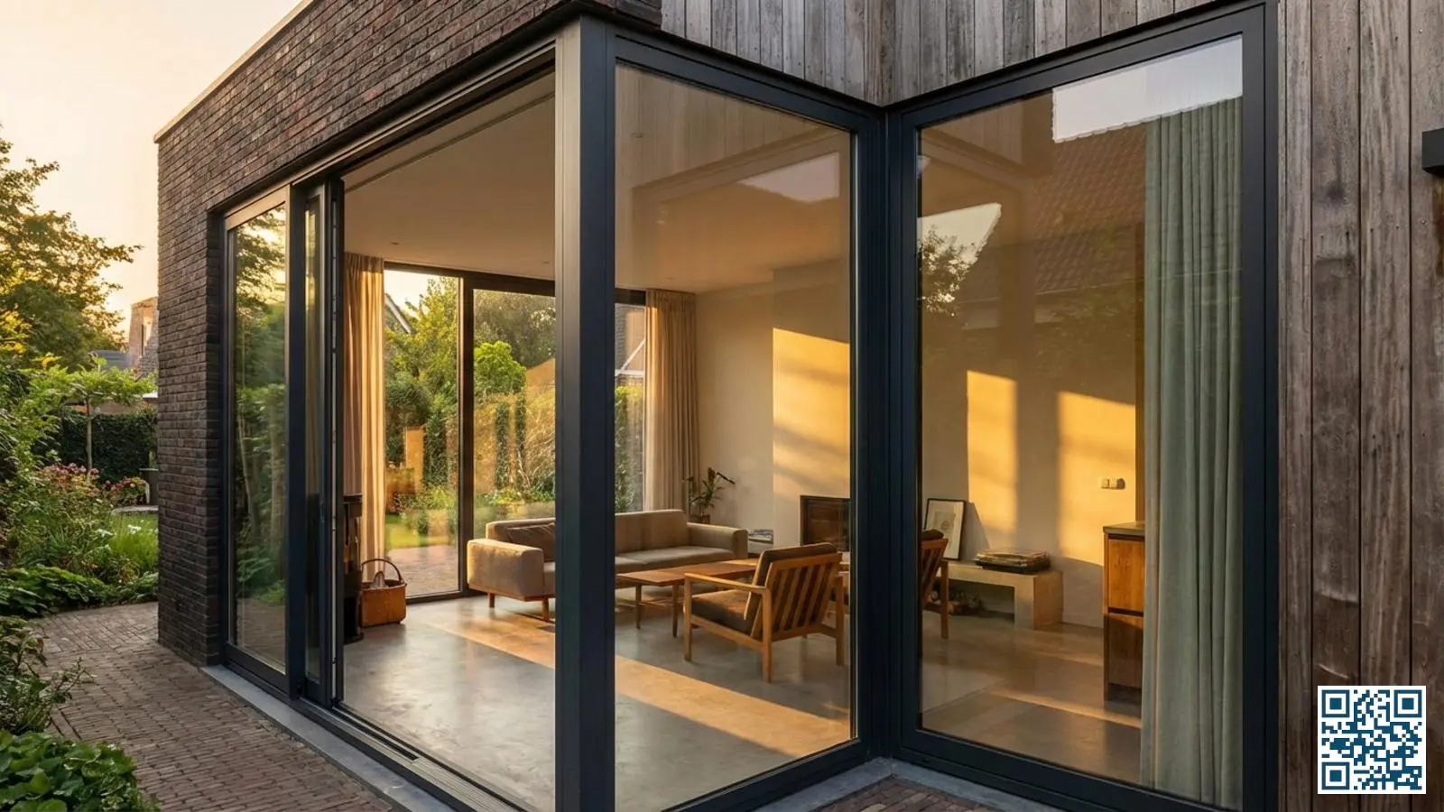 Moderne aanbouw met grote glazen schuifpui naar de tuin en veel natuurlijke lichtinval