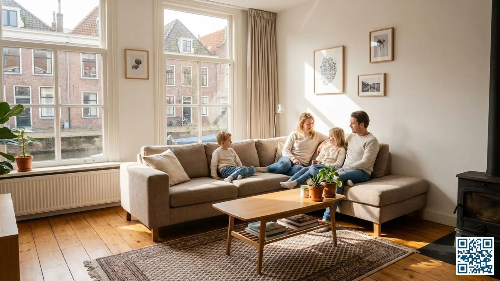 Gezellige woonkamer met geïsoleerde vloer en HR-glas ramen die warmte en comfort uitstralen op een winterdag