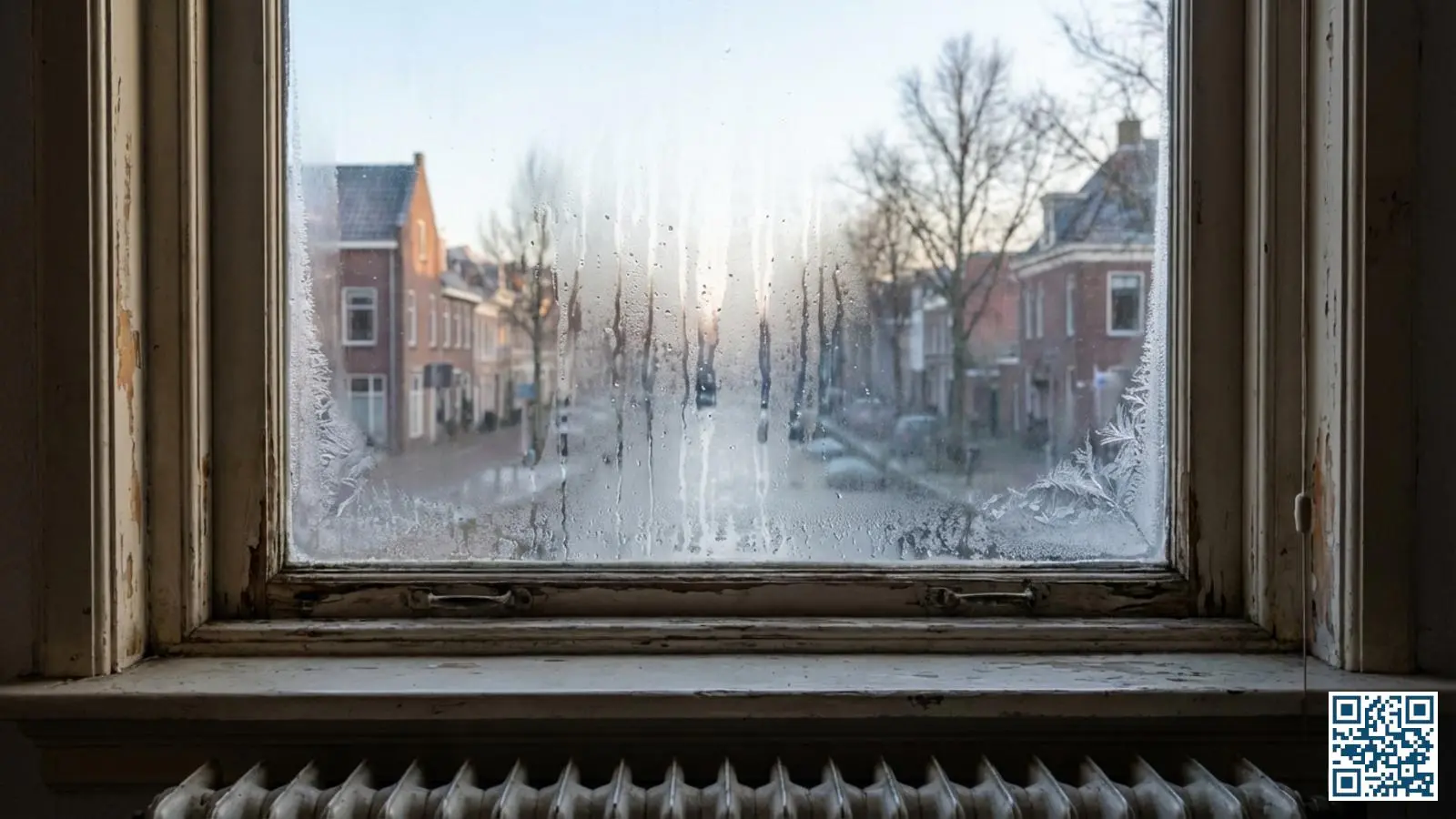 Oud enkel glas raam met zware condensatie en waterdruppels aan de binnenkant op een koude winterochtend