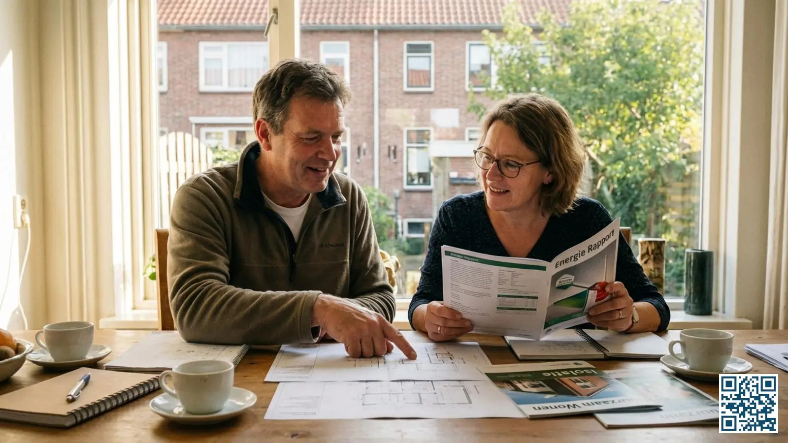 Nederlands echtpaar plant isolatiemaatregelen aan de keukentafel met documenten en energierapporten
