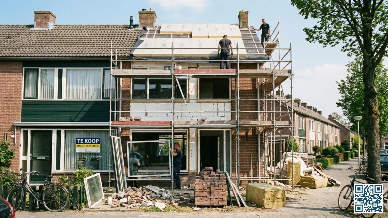 Nederlandse rijtjeswoning tijdens renovatie met dakisolatie en glasvervanging werkzaamheden zichtbaar