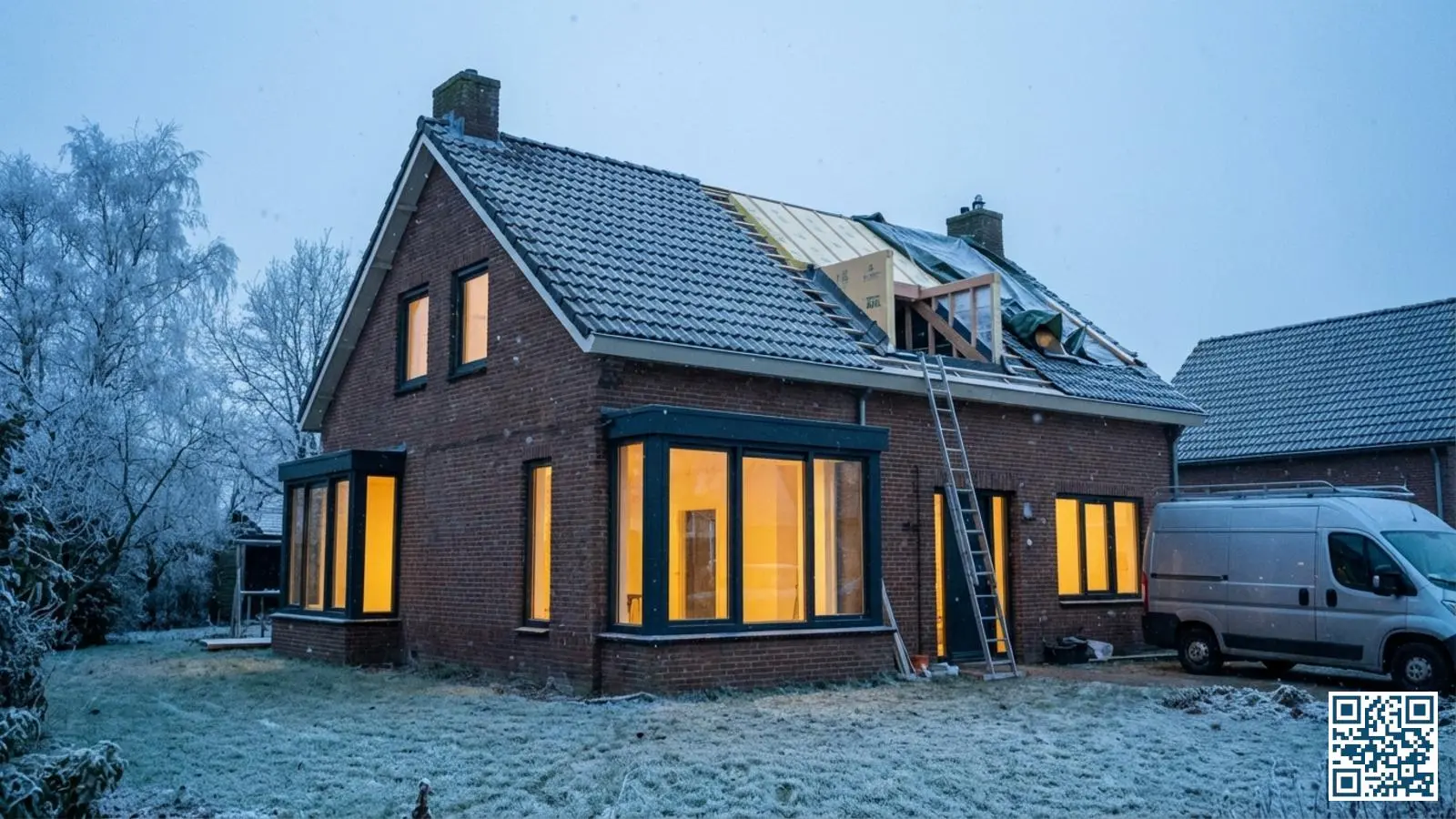 Nederlandse vrijstaande woning met nieuwe HR-glas ramen en zichtbare dakisolatie tijdens winterse dag met warm licht binnen