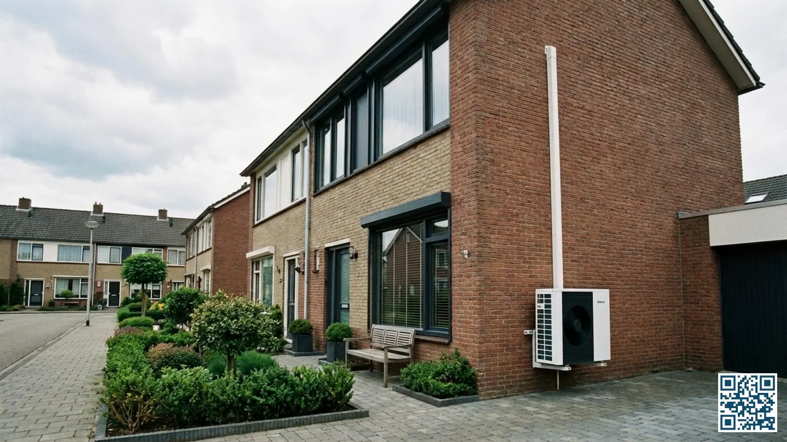 Nederlandse rijtjeswoning met zichtbare warmtepomp en nieuw geplaatst HR-glas in de ramen