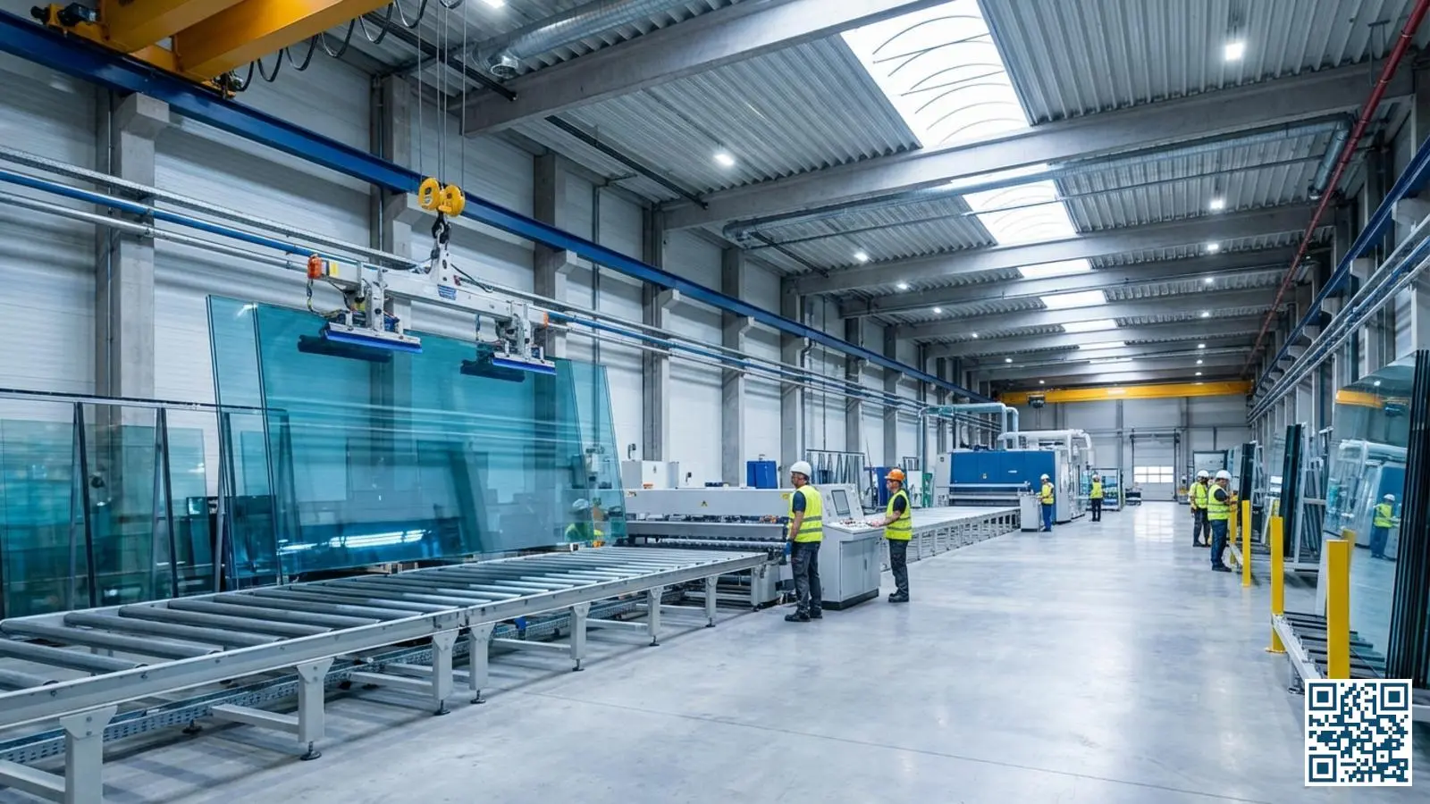 Moderne glasproductiefaciliteit waar grote gecoate glasplaten door industriële apparatuur worden verwerkt