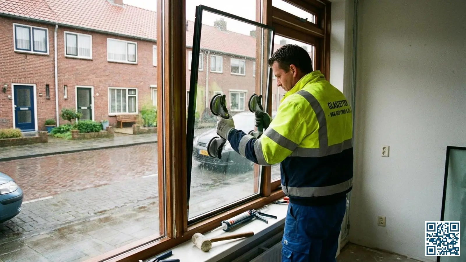 Professionele glaszetter plaatst een isolerende glasunit in een houten kozijn van een Nederlandse woning
