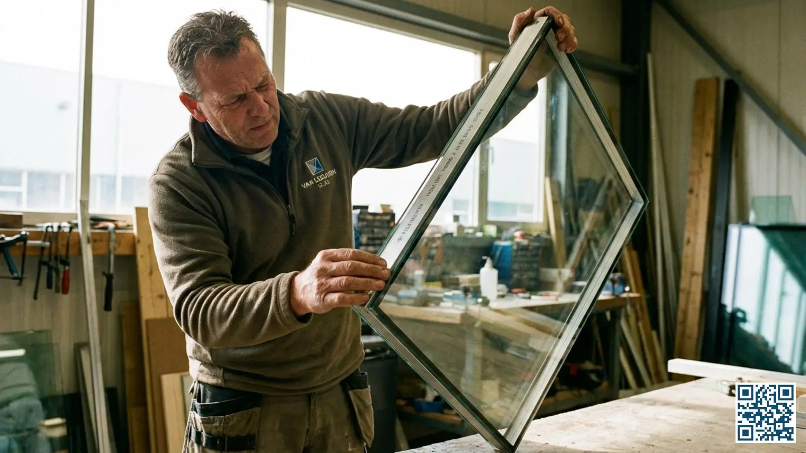 Glaszetter bekijkt aandachtig het randstempel en de meldcode op een isolatieglasunit in de werkplaats