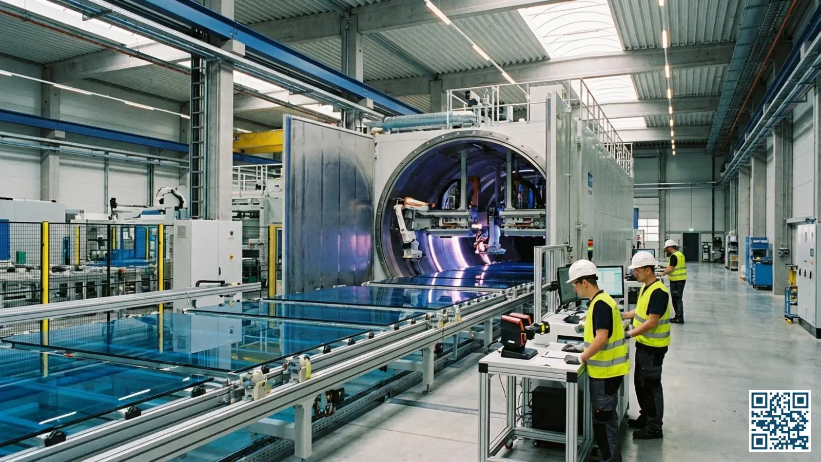 Moderne glascoating productielijn met gecoate glasbladen in een industriële fabriek