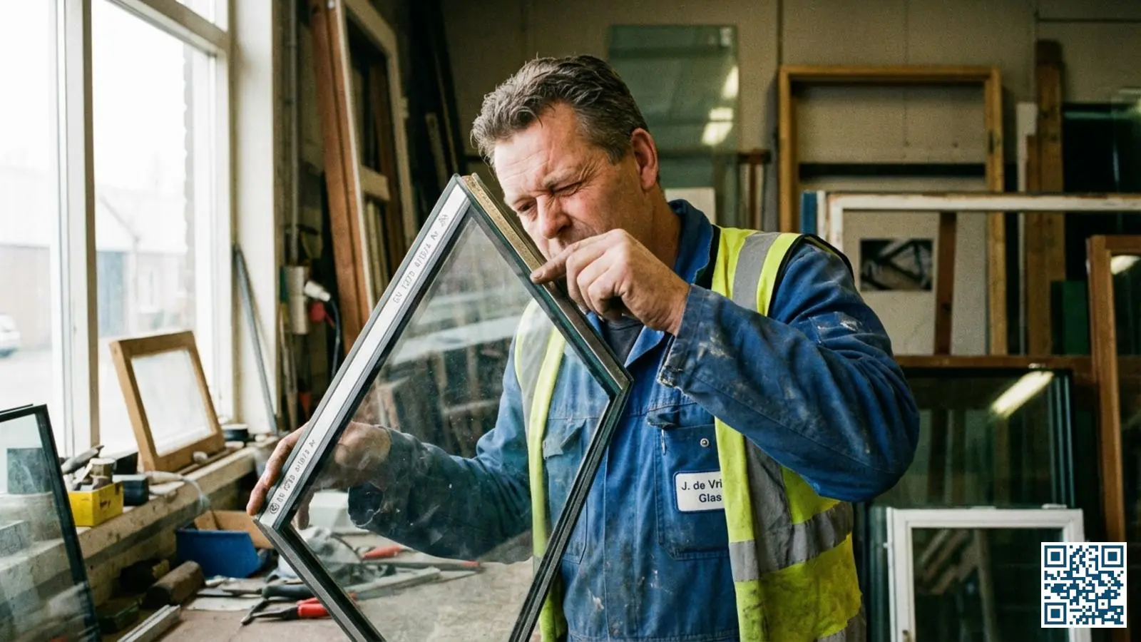 Nederlandse glaszetter controleert de randstempel en specificaties op een isolerende glasunit