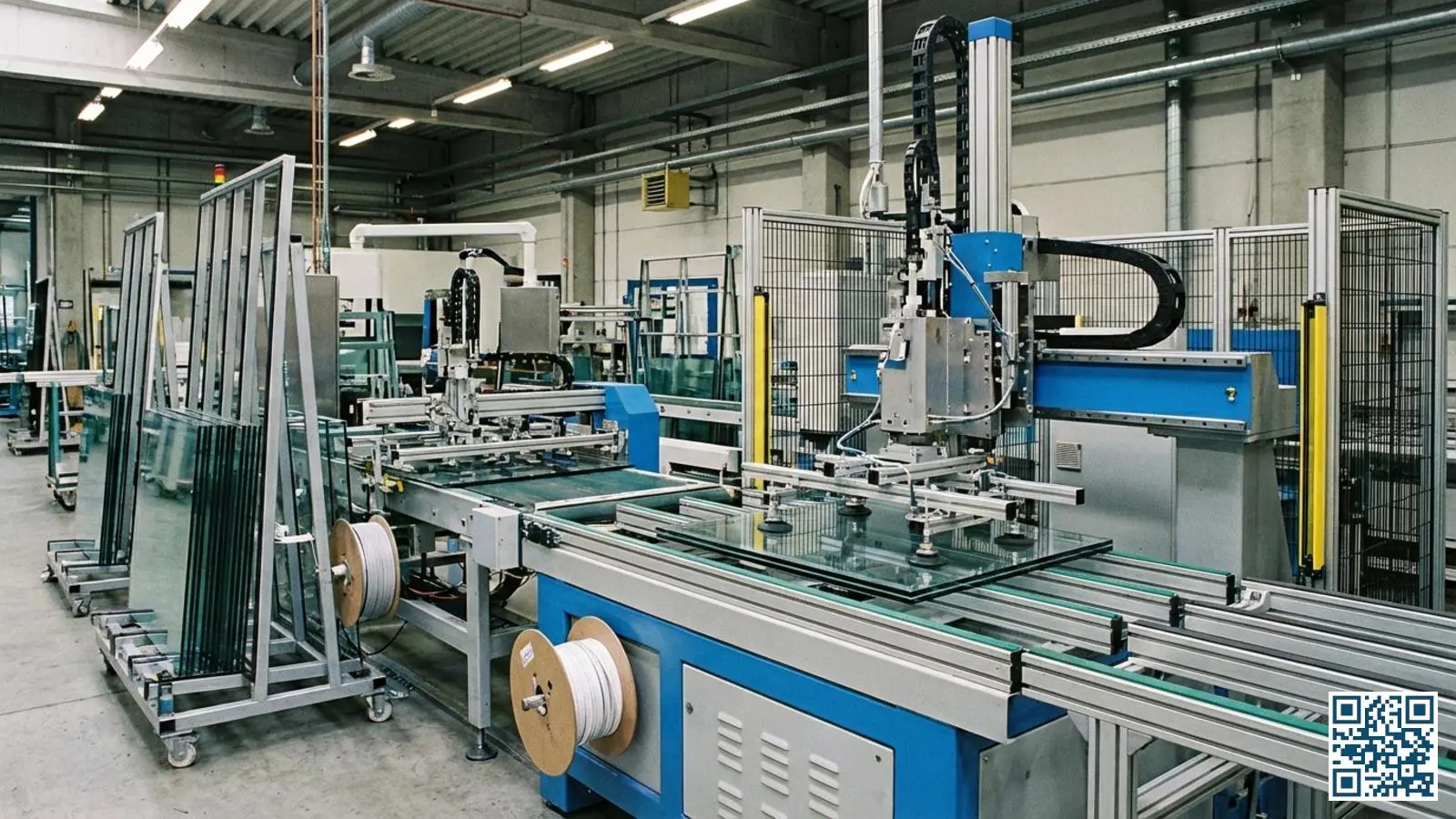 Geautomatiseerde machines voor de productie van isolatieglasunits in een Nederlandse glasverwerkingsfabriek