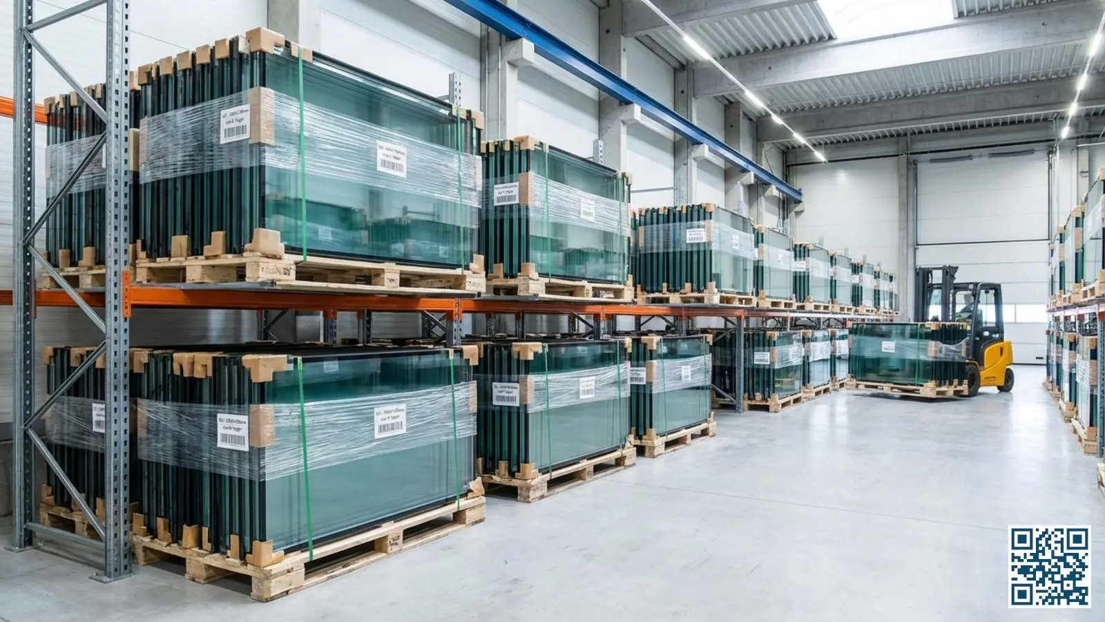 Gestapelde isolatieglasunits op opslagrekken in het magazijn van een glasverwerker klaar voor levering