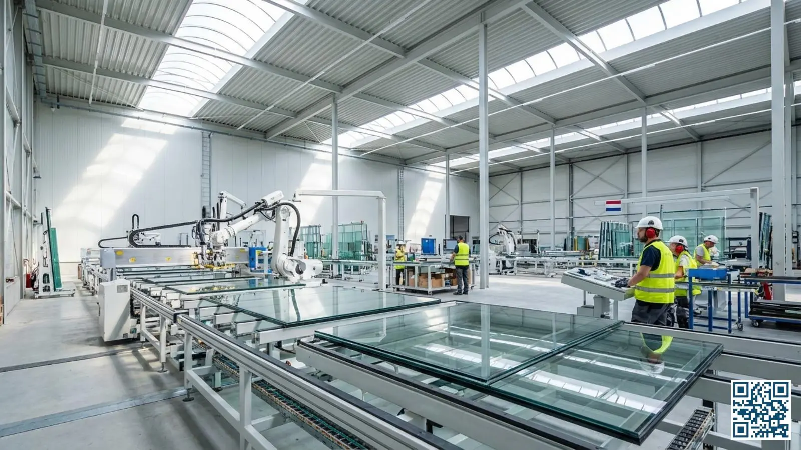 Moderne productiehal voor glasverwerking met productielijnen voor isolatieglasunits in een Nederlandse fabriek
