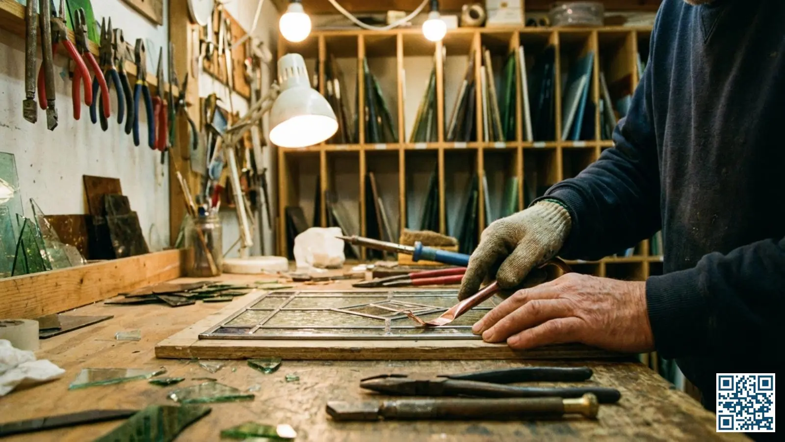 Vakman bewerkt glas in een ambachtelijke werkplaats met traditioneel gereedschap voor maatwerkprojecten