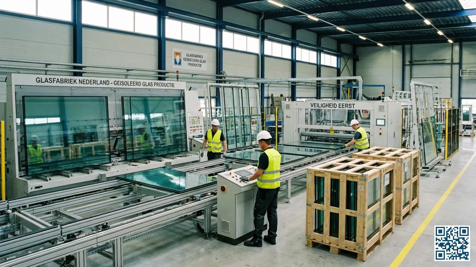 Productielijn voor isolerend glas in een moderne Nederlandse glasverwerkingsfabriek met glasunits op transportbanden