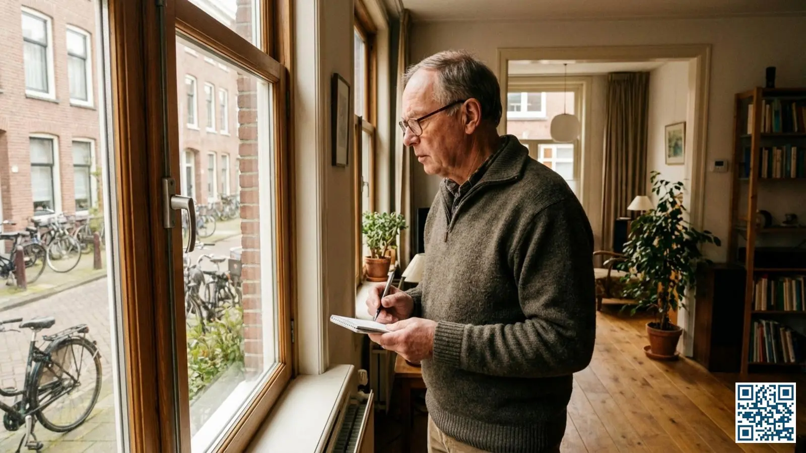 Huiseigenaar inspecteert ramen en maakt notities voor besparingsberekening van HR-glas vervanging