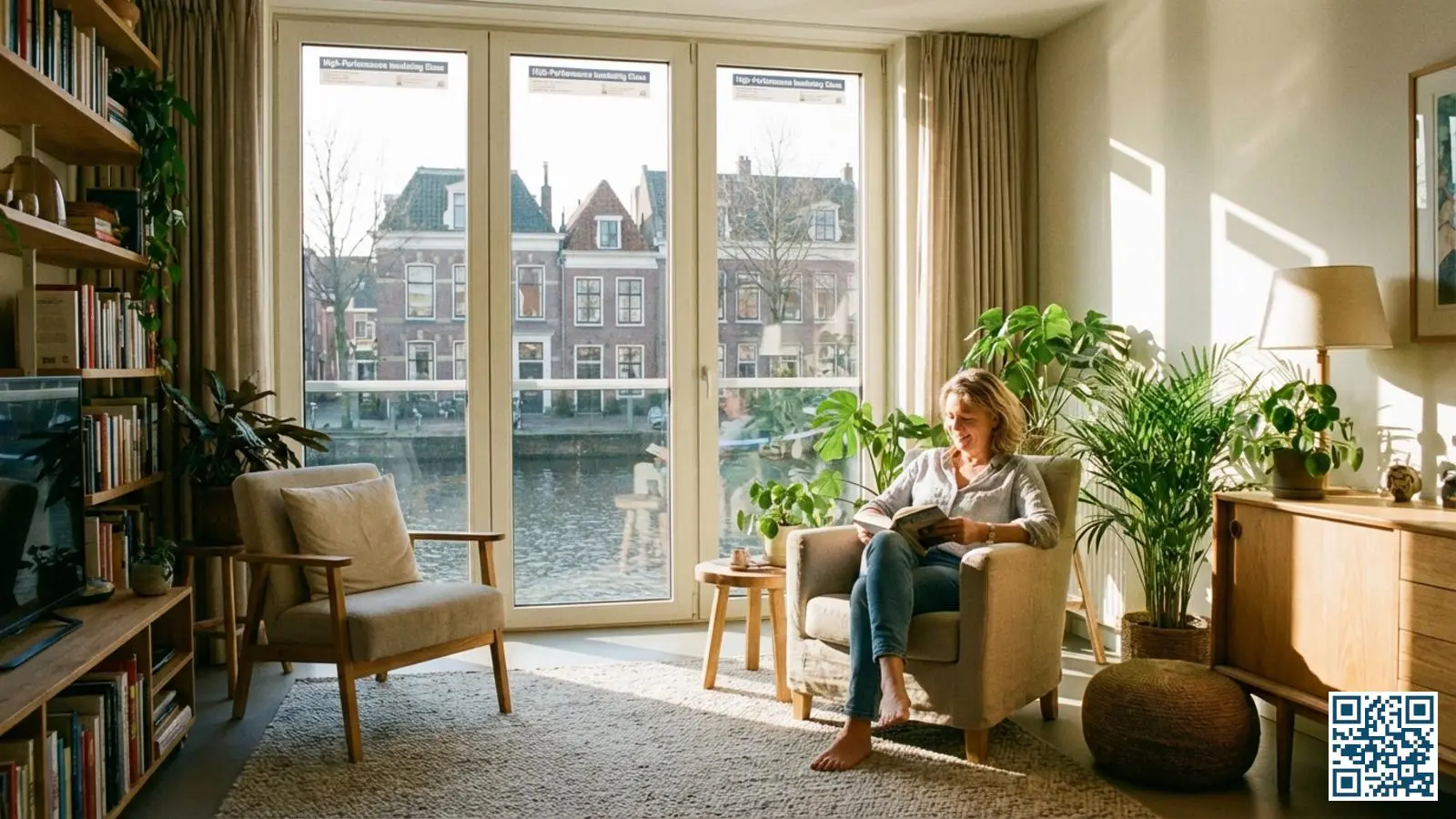 Lichte woonkamer met HR-glas ramen waar warm daglicht naar binnen stroomt voor optimale energiebesparing