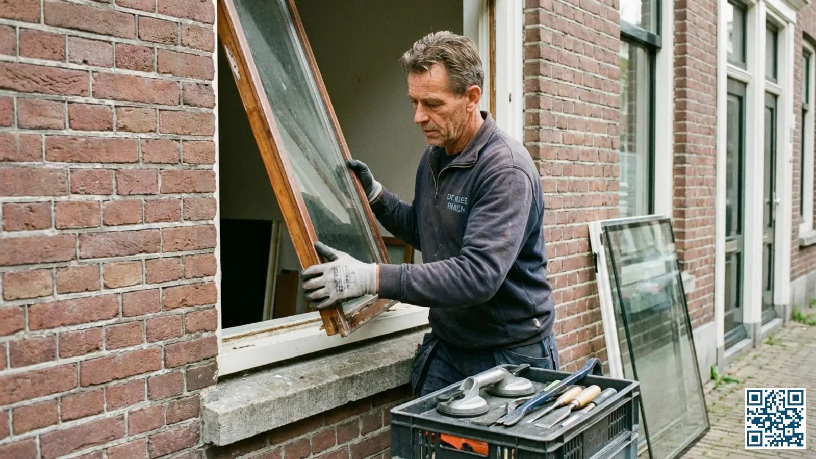 Glaszetter verwijdert zorgvuldig oud dubbelglas uit een houten kozijn om te vervangen door HR++ glas