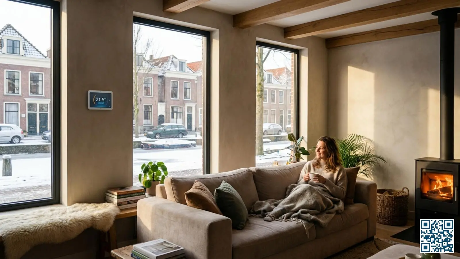 Gezellige woonkamer met grote HR-glas ramen en slimme thermostaat die lage energiekosten toont