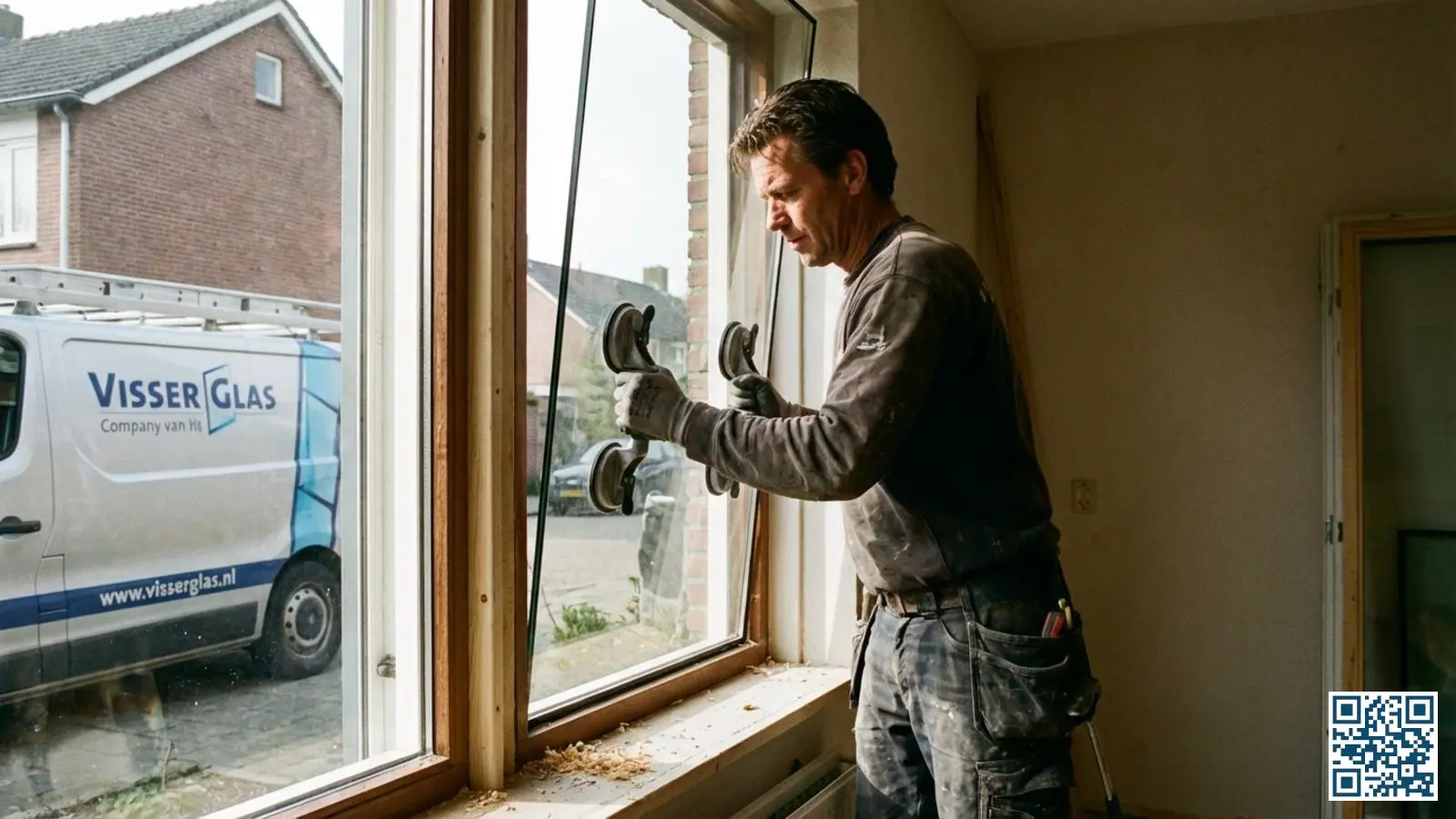Glaszetter plaatst zorgvuldig een isolerende glasunit in een houten kozijn van een Nederlandse woning